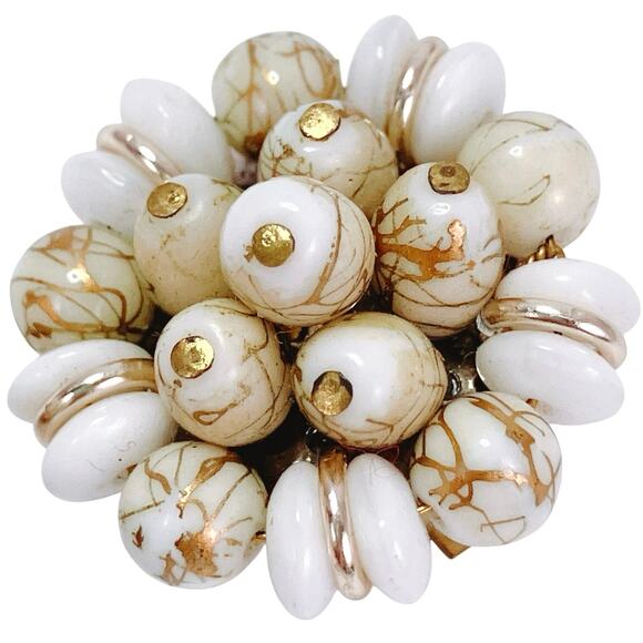 Vintage Stamped West Germany White Gold Tone Glass Bead Cluster Clip Earrings - Picture 4 of 13